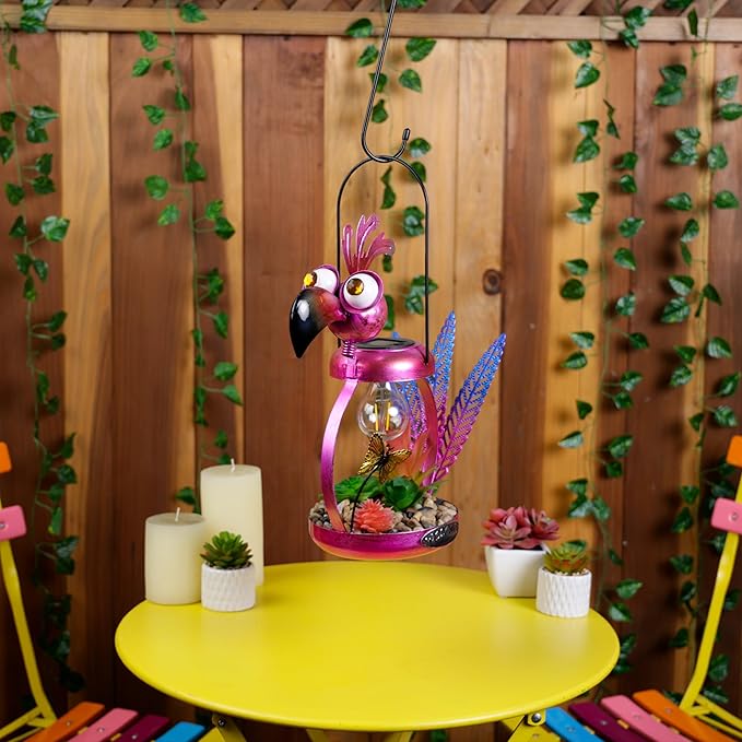 Alpine Corporation LYT288SLR-HH Solar-Powered Metal Flamingo w/Garden Enclosed LED Light, Solar Patio Décor, 16''H, Pink