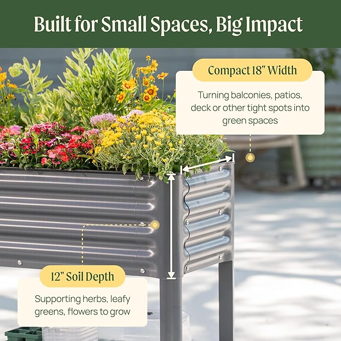 Elevated Raised Garden Bed- Slim Series, 1.5' x 5.5' Outdoor Planters Boxes with Legs & Storage Rack for Patio, 750 Lbs Weight Capacity, Raised Beds for Gardening Herbs Vegetables Flowers, Modern Gray