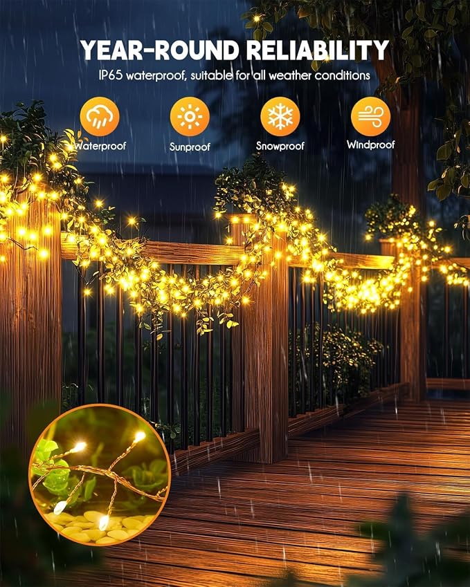 Brightown Solar String Lights for Outside, 2 Packs Total 39.2Ft 480 LED Solar Fairy Lights for Outdoor Waterproof, Firecracker Twinkle Lights with 8 Modes for Patio Party Garden Yard Home, Warm White