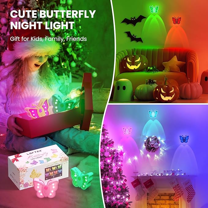 LOFTEK Rechargeable Motion Sensor Light, 2 Color Modes, Dimmable RGB Ambient Lighting, Cute Butterfly Design for Kid's Bedroom, Bathroom, Hallway, Tent & Stairs - Ideal Home Decor & Gift, 6 Pack