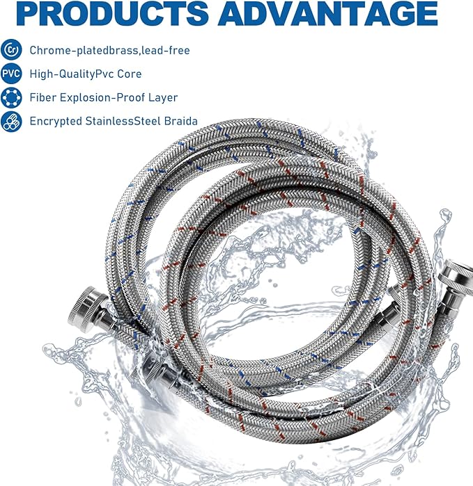 Stainless Steel Washing Machine Hoses 6ft,Stainless Steel Washing Machine Hose Hot and Cold Striped Water Connection(2Packs),Universal Fit for All Standard Wash Machines-by MIFLUS