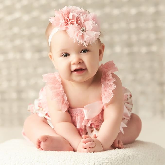 My Lello Headband Shabby Fabric Flower Cluster Baby - Infant - Toddler - Girl Stretchy Elastic White/Red Chevron
