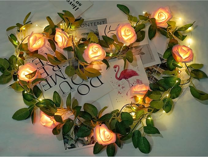 Rose Vine Lights with Remote, Battery or USB Operated Artificial Flower Garland, Hanging Fairy Lights for Bedroom Headboard, Valentine‘s Day, Wedding, Romantic Party Décor (Pink, 9.9)