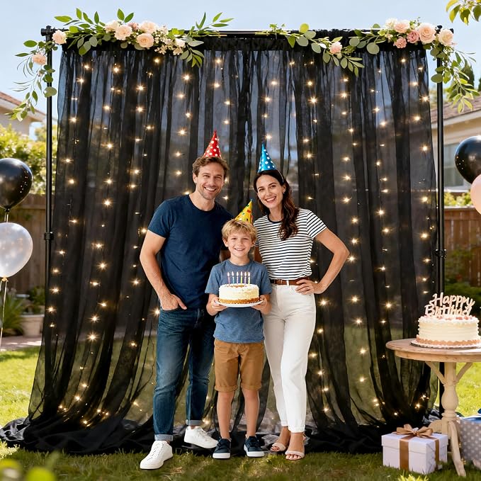 Ledido 10×8ft Black Tulle Backdrop Curtains with Lights String - 300LED Fairy Lights Sheer Curtain Backdrop for Wedding Baby Shower Photo Shoot Birthday Party Decoration(2 Panels 5×8ft)，Black