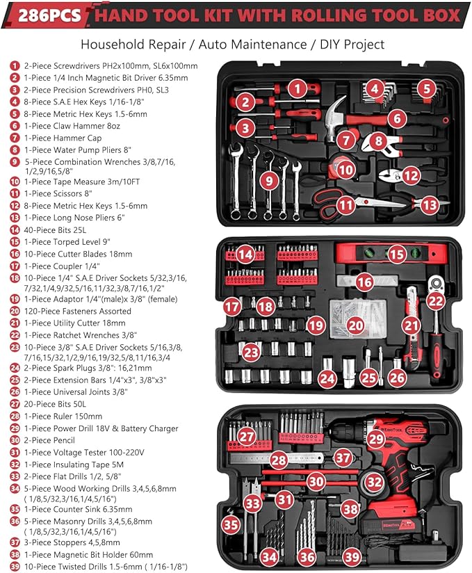 KINGTOOL Home Tool Set Kit - 286 PCS Home Auto Repair Tool Kit with Rolling Tool Box, Mechanic Tool Sets with 21V Max Cordless Power drill, Perfect for Homeowner, Diyer, Handyman