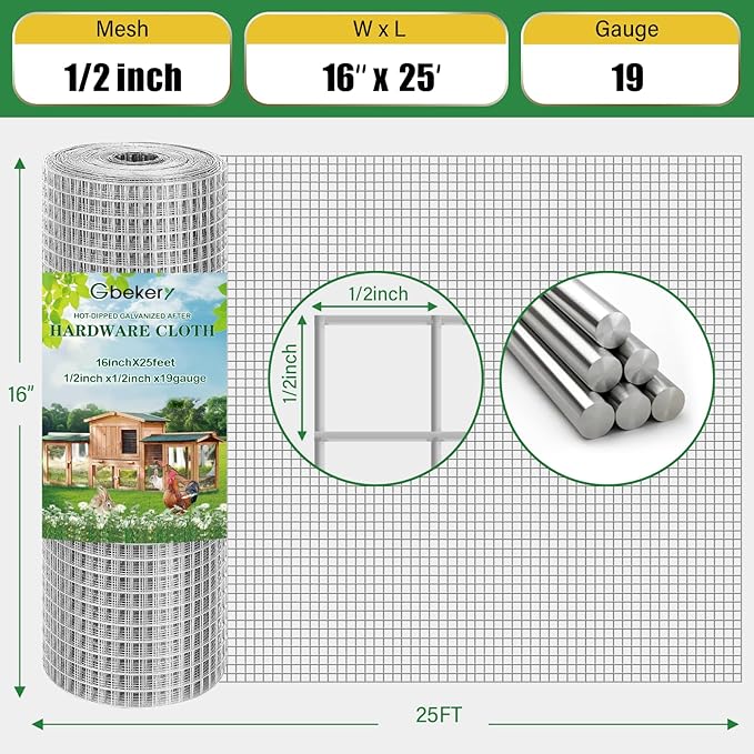 Hardware Cloth 1/2 inch 16in x 25ft 19 Gauge, Hot-dip Galvanized After Welding Chicken Wire Mesh Roll Garden Plant Welded Metal Wire Fencing Roll, Rabbit Cages Snake Fence