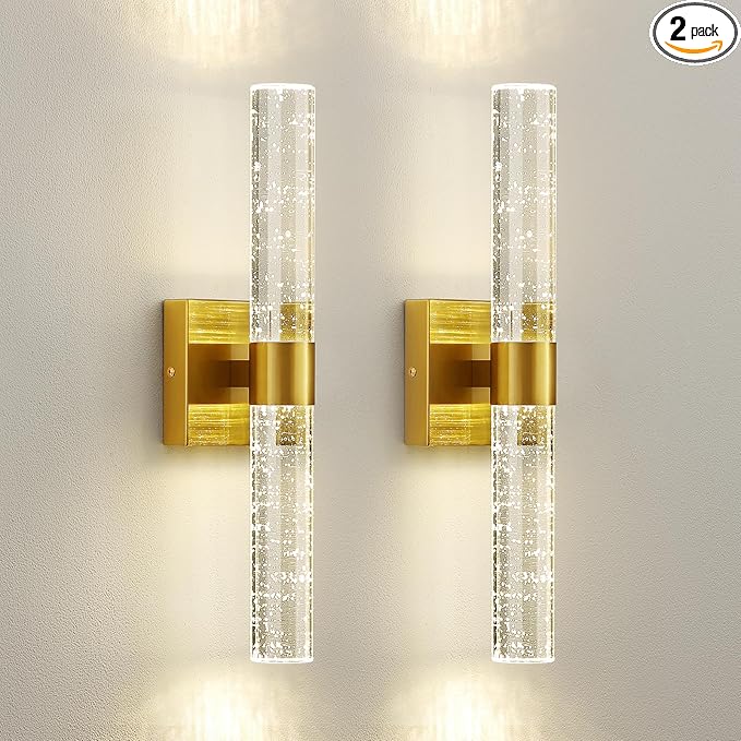 Gold Wall Sconces Set of Two - Modern Crystal Sconces Wall Lighting 12W 4000K LED Wall Sconce Dimmable Indoor Wall Light Fixtures for Bathroom Bedroom Living Room Hallway, 18 Inch