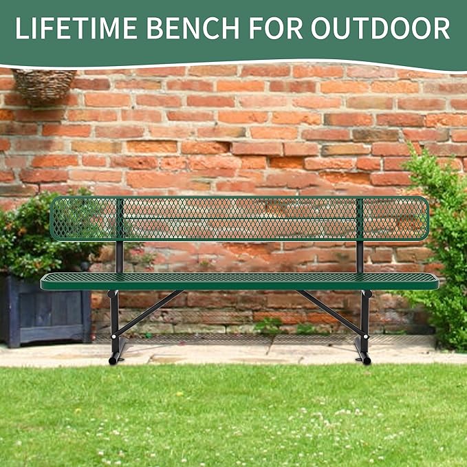 8 Feet Heavy Duty Metal Park Bench for Outside, Outdoor Bench with Backrest & Portable Frame, Commercial Benches for Shopping Malls, Stores, Parks, Patios, Decks, Green