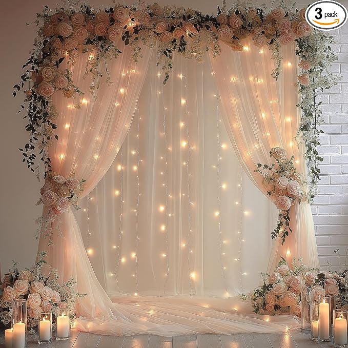 Champagne Tulle Backdrop Curtain with Lights String10x8ft Sheer Drapes for Wedding, Birthday, Baby Shower, Bridal Shower, Photo Booth, Party, Home Decor (2 Panels)