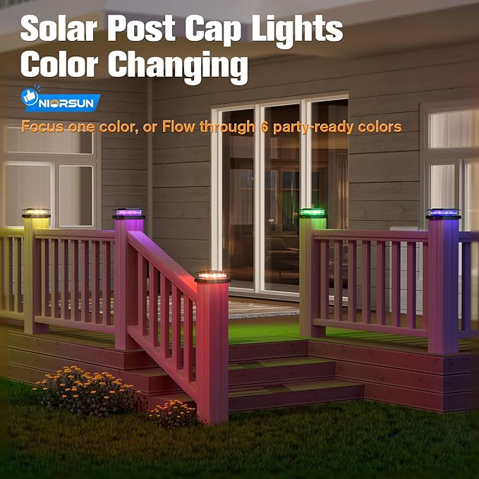 NIORSUN Solar Post Cap Lights Outdoor Waterproof, 4x4 Post Solar Lights RGB Color Changing, Fence Posts Solars Light for Deck Patio Garden Decoration, 4x4 Posts Caps Wood Vinyl, 6 Pack (Black)