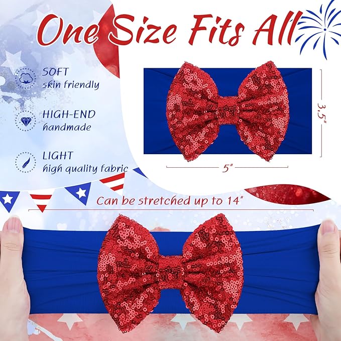 4th of July Headband Girls Sequins Large Bows Baby Headband 4th of July Accessories Glitter Hair Bows for Girls Patriotic Red Bow