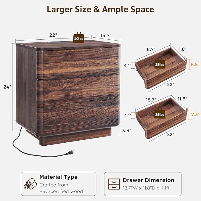 ACCOHOHO 22" Modern Nightstand with Charging Station, Push-to-Open Handleless 3 Drawers Bedside Table, Large End Table with Storage, Night Stand for Bedroom, Living Room, Curved Profile, Brown