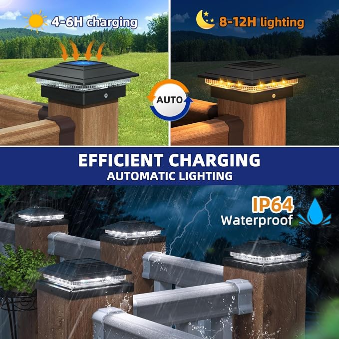 APONUO Solar Post Cap Lights 6-Pack, Black IP64 Waterproof 16 LED Fence Post Solar Lights for 4x4 5x5 6x6 Wood/Vinyl Posts, 2-Mode Deck Post Lights Solar Powered, 10-Hr Lighting for Patio Yard Porch