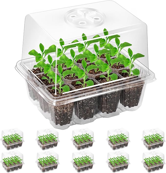 Bonviee 10 Packs Seed Starter Tray with Elevated Lid, 120 Cells Thicken Seed Starting Trays Kit with Adjustable Humidity Vent, Clear Cell Tray and Heightened Lids for Greenhouse & Gardens, Clear