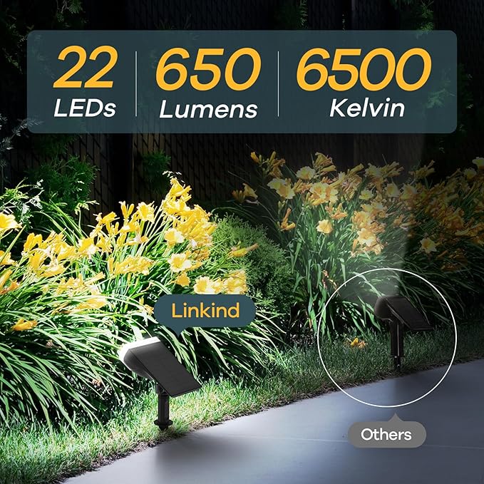 Linkind Solar Lights Outdoor Waterproof IP67, StarRay Dusk-to-Dawn Outdoor Solar Lights, 3 Lighting Modes Solar Spot Lights Outdoor for Garden, Yard, Landscape (Daylight, 6 Pack)