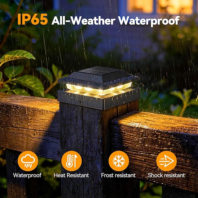 Solar Post Cap Lights 6-Pack, IP65 Waterproof Fence Post Solar Lights for 4x4 Wood/Vinyl Posts, Outdoor Post Lights with 2 Color Modes Decorate Garden Patio Porch Backyard, Black