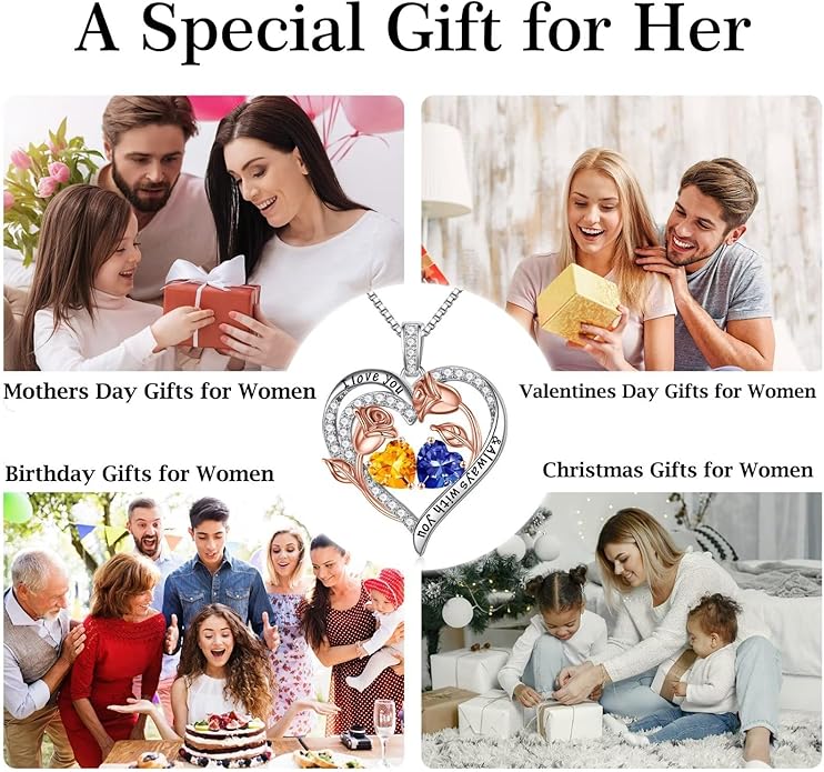 Iefil Christmas Gifts for Women Wife - 925 Sterling Silver Rose Heart Birthstone Necklace Birthday Anniversary Jewelry Gifts for Her Wife Mom Daughter