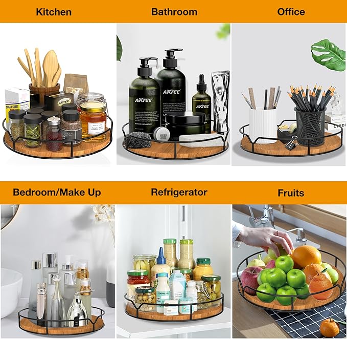 Lazy Susan Turntable Organizer for Cabinet Pantry Kitchen Countertop Refrigerator Cupboard, Pine Wood, 9", Carbonized Black