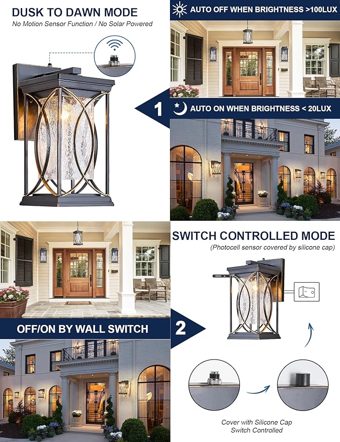 Dusk to Dawn Outdoor Wall Light Black with Gold Trim Modern Exterior Sconce Aluminum Waterproof Coach Light Fixture with Crack-Like Glass Outside Wall Lantern for House Garage Porch Lighting