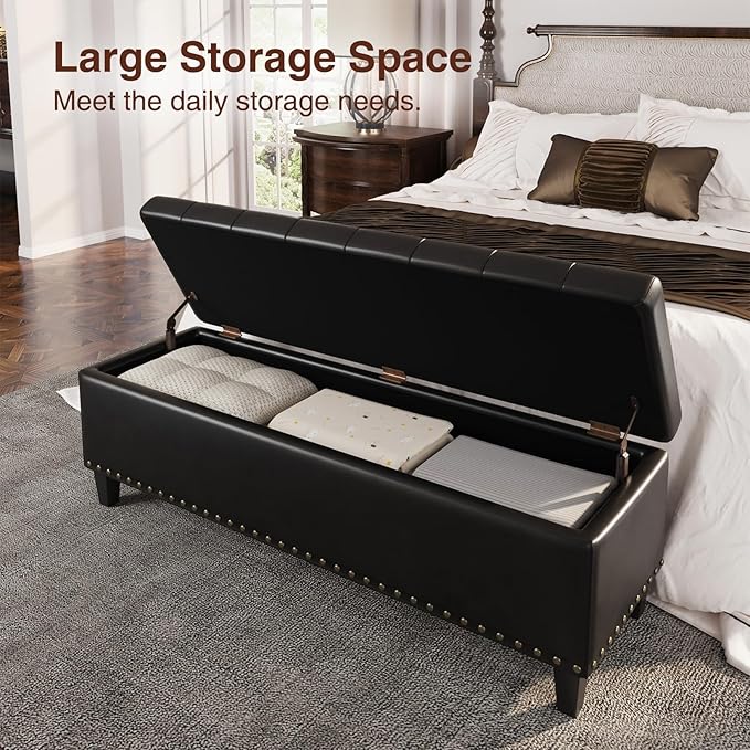 Storage Ottoman Bench,51-Inch Large Storage Bench for Bedroom End of Bed, 30 Gallons Faux Leather Ottoman with Storage for Bedroom, Living Room, Entryway, Black