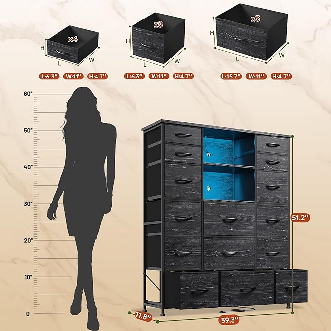 EnHomee 51" H Dresser with 15 Drawers Dresser for Bedroom with Charging Station & LED Lights & Hutch Sturdy Black Bedroom Dressers, Steel Frame, Wood Top, 51.2" H x 39.3" W x 11.8" D
