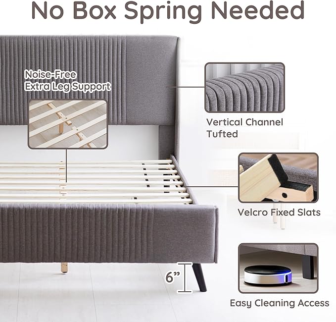 Livinia Sunset King Size Wingback Platform Bed, Fabric Upholstered King Bed Frame with Vertical Channel Tufted Headboard Footboard, Strong Wood Slats, No Box Spring Needed, Gray