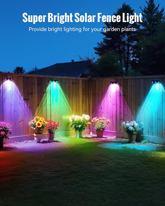 Solar Fence Lights, 4 Pack Outdoor Solar Powered Fence Light with Sync Group Control & 10 Light Modes, Waterproof IP65 Solar Wall Lights for Deck, Patio, Backyard, Wall, Pool, Step