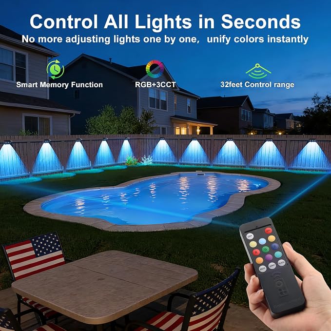 JOFIOS Solar Fence Lights with Remote 16 Pack, Color Changing RGB & Warm White, 12 Dynamic Modes, IP65 Waterproof, Solar Lights for Fence, Deck, Backyard, Patio Holiday & Party Decoration