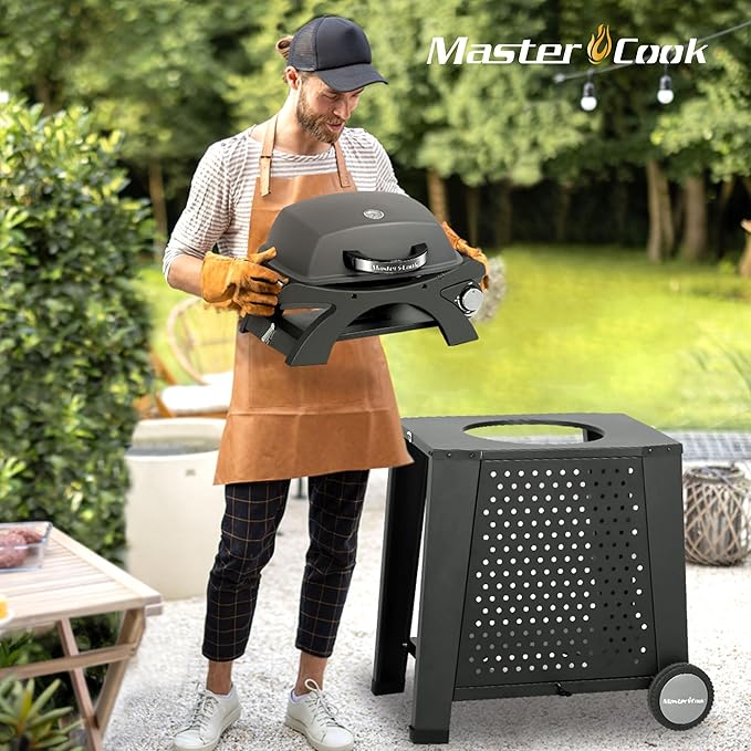MASTER COOK Single Burner Propane Gas Grill, 11,500 BTU Portable Tabletop Barbecue Grill with Cart for Patio, Camping, Travel