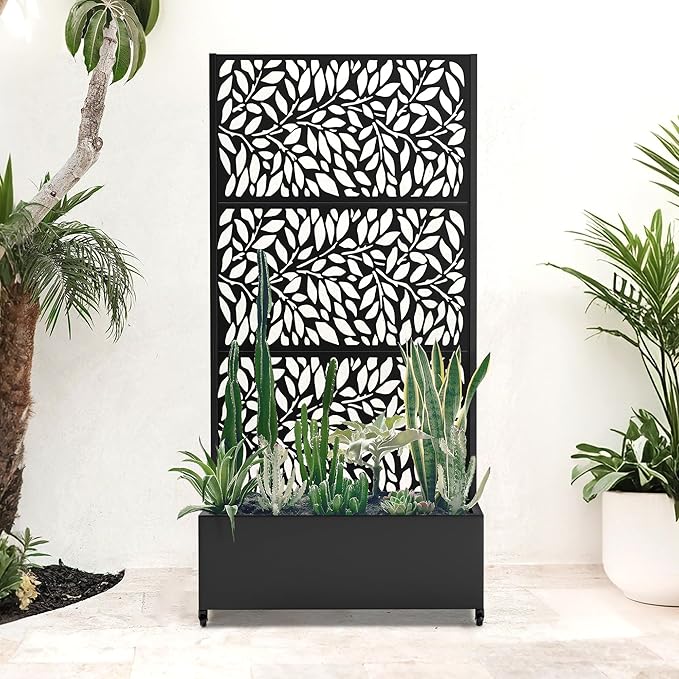 Metal Planter Box with Trellis and Wheels, 35" L×16" W×71" H Outdoor Raised Beds with Privacy Screen, Drainage Holes for Climbing Plants (Black Leaf)