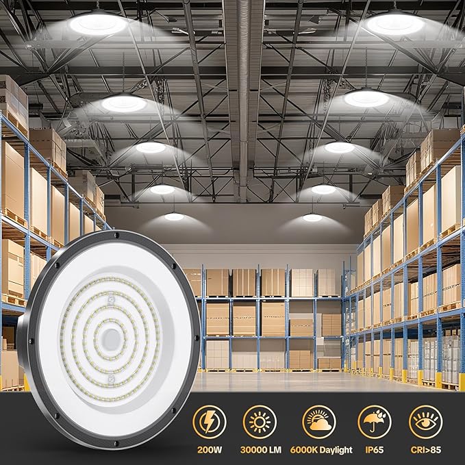 AIKVSXER LED High Bay Light UFO Shop Light 200W 30000LM 6000K Daylight Super Bright IP65 Waterproof for Warehouse Garage Barn Factory Workshop 5FT Cord with US Plug 1 Pack