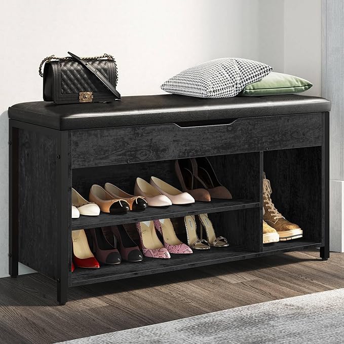 Shoe Bench, Lift Top Shoe Storage Bench, Adjustable Shelf Entryway Bench, Metal and Wood Shoe Rack Organizer with Cushion for Entry, Bedroom, Closet, Living Room, Hallway (Black, 35.5" W)