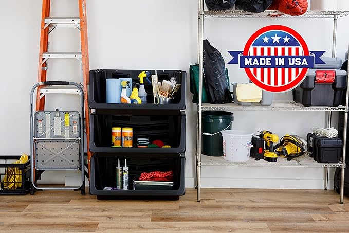 Mighty Tuff Heavy Duty Nesting Stack Bins, Pack of 3, Extra-Large Handles, Wide Front Opening, Interlocking, Stack Vertically, Holds Up To 100 Pounds, Black