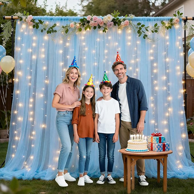 Ledido 3 Pack 10×10ft Beige Tulle Backdrop Curtains with Lights String - 900LED Fairy Lights Sheer Curtain Backdrop for Wedding Baby Shower Photo Shoot Birthday Party Decoration(6 Panels 5×10ft)，Beige
