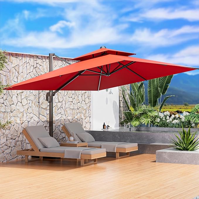 9' X 12' Cantilever Outdoor Patio Umbrellas Double Top Large Rectangle Umbrella Heavy Duty 360°Rotation Offset Umbrella for Garden Deck Pool Patio,Red