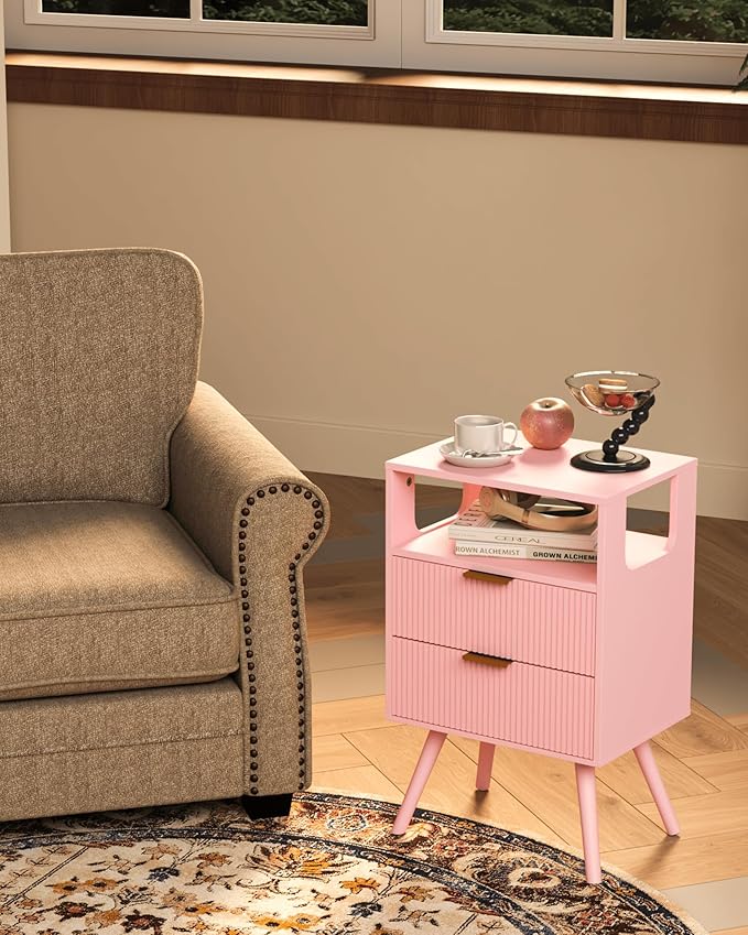 Pink Nightstand,Modern Bedside Table with 2 Storage Drawer and Open Wood Shelf, for Bedroom and Small Spaces,Night Stand with Solid Wood Legs