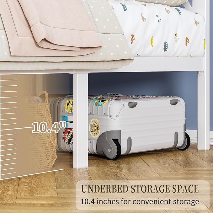 Twin White Metal Bed Frame with USB Charging Station, LED Ambient Lighting, and Wooden Storage Headboard - Includes Under-Bed Storage, No Box Spring Needed, Noise Free, Easy to Assemble