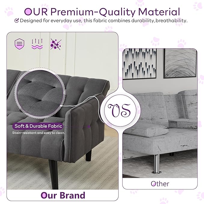 TYBOATLE 65“ Convertible Futon Sofa Bed w/ 2 USB, Upholstered Tufted Small Adjustable Folding Couch Loveseat, Modern Mid Century Sleeper Sofa for Living Room, Bedroom, Apartment, Office (Dark Grey)