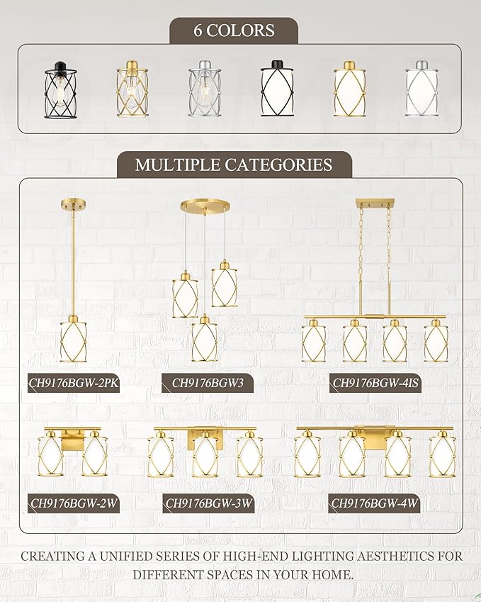 2-Light Brushed Gold Bathroom Light Fixtures with Milk Frosted Glass, 13.8" Modern Bathroom Vanity Lighting Fixtures Over Mirror with Metal Cage, Wall Sconce Lights for Bath, E26, CH9176BGW-2W