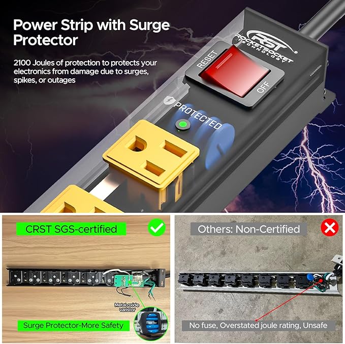 CRST 8 Outlet Metal Long Power Strip,Heavy Duty Surge Protector 2100J, 6 FT Cord Mountable Wide Spaced Workshop Garage Power Strip, 15amp/1875W