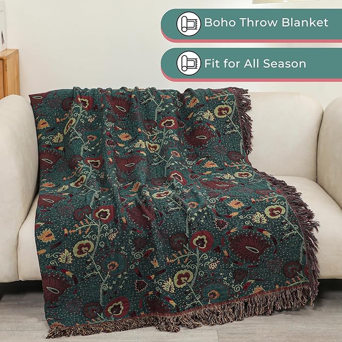 Boho Fall Throw Blanket for Bed,100% Ultra Cotton Soft Breathable Bed Throw Floral Printed Farmhouse Decor Rustic Bed Throws for Couch Sofa Quilt 90" x 98"
