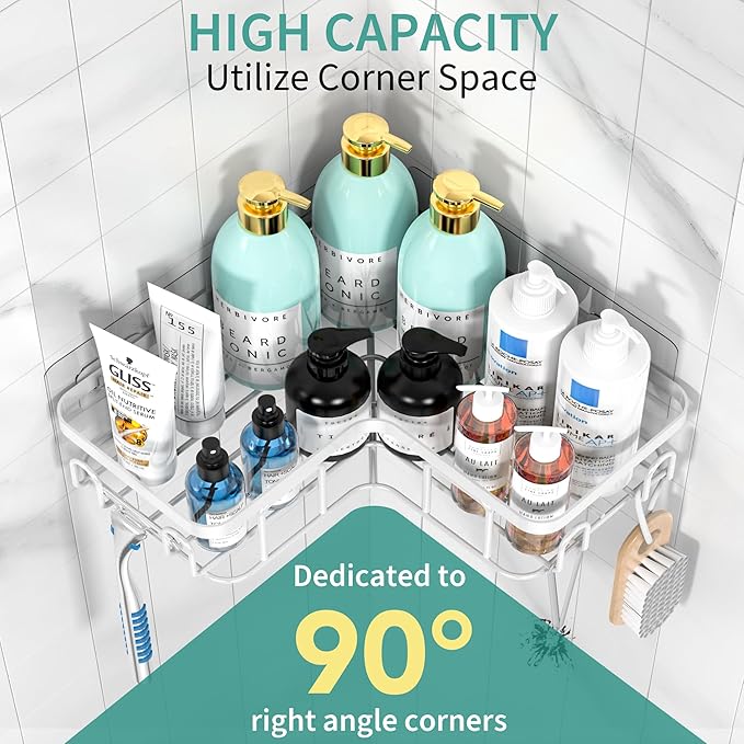 Moforoco Corner Adhesive Shower Caddy, with Soap Holder and 12 Hooks, Rustproof Stainless Steel Bathroom Organizer, No Drilling Wall Mounted Rack, Black, 3-Pack(White)