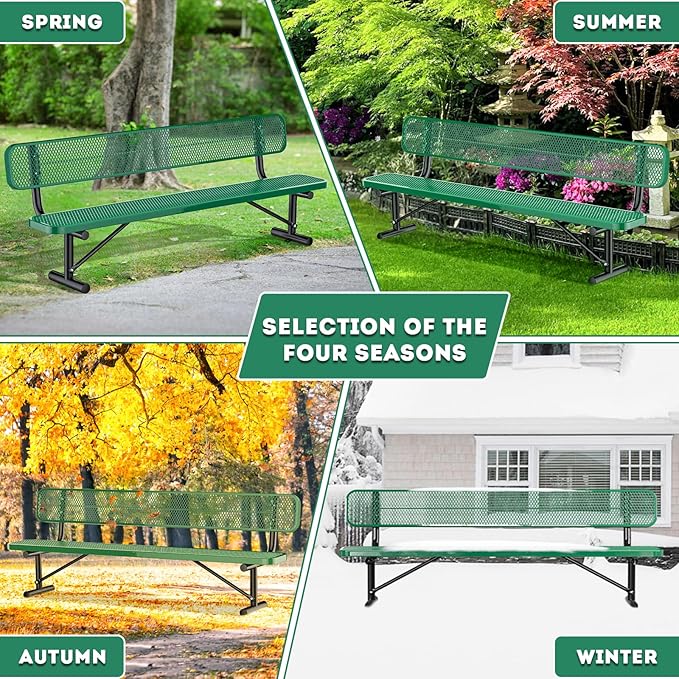 Heavy Duty Park Bench for Outside, Metal Park Bench with Back Portable Frame, Outdoor Steel Mesh Garden Bench with Backrest for Garden, Lawn, Patio, Porch, Park, Yard (Green, 8FT/95INCH)