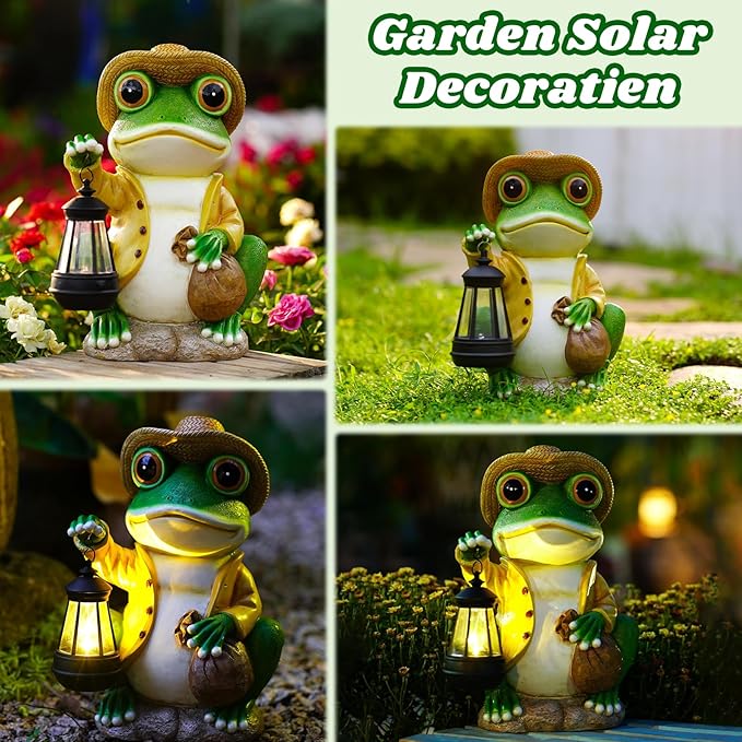 Large Frog Garden Statue, 13.3 Inches Tall, Resin Frog Decor with Solar Lantern for Outdoor Decoration and Housewarming