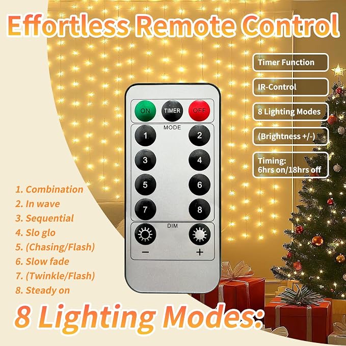 Fairy Curtain Lights, 300 LED Upgraded Tangle-Free Hanging Lights with Remote, USB Plug in String Lights for Bedroom Wall Window Wedding Party Xmas Home Décor - 9.8 x 9.8 Ft, Warm White