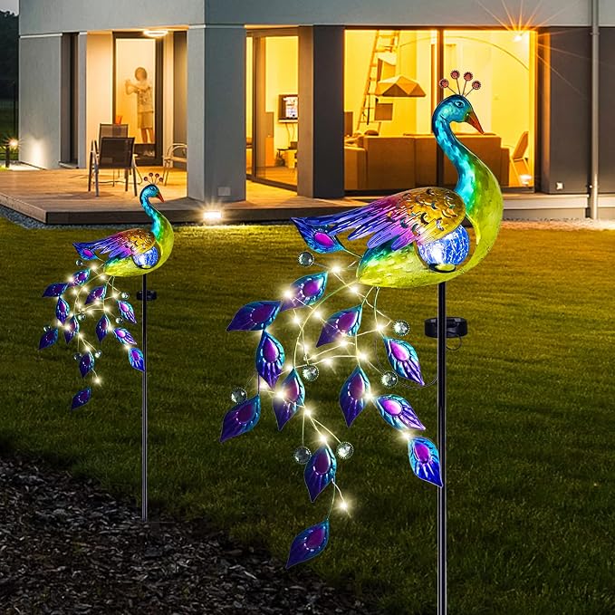 DREAMSOUL Solar Garden Lights Outdoor, Metal Peacock Decor Solar Lights Garden Stakes with Led String Lights, Waterproof Crackle Glass Ball Landscape Path Light for Lawn Patio