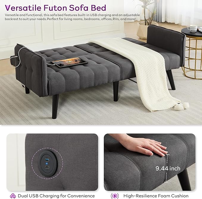 TYBOATLE 65“ Convertible Futon Sofa Bed w/ 2 USB, Upholstered Tufted Small Adjustable Folding Couch Loveseat, Modern Mid Century Sleeper Sofa for Living Room, Bedroom, Apartment, Office (Dark Grey)
