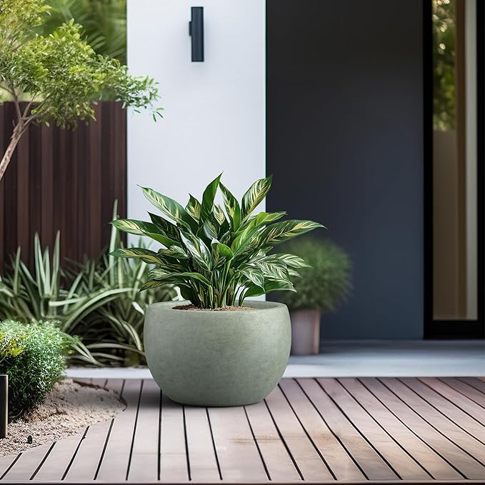 Kante 15.7" Dia Round Concrete Planter, Outdoor/Indoor Large Bowl Plant Pots with Drainage Hole and Rubber Plug for Garden Patio Balcony Home, Mint Green