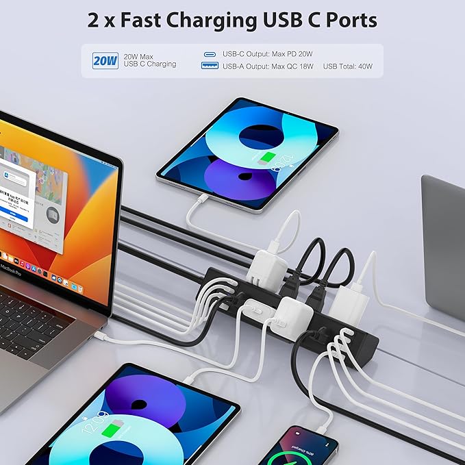 40W Fast Charging Station,Desk Clamp Power Strip 20W USB C,8 Outlets,8 USB Ports,4 USB C and 4 USB A, Office Furniture Surge Protector, 14AWG Cord, Fits 1.9" Tabletop Edge (Black, 10FT Length)