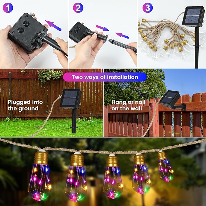 Solar Outdoor String Lights 2Pack 24FT Vintage Rope Hemp Solar Lights with 20 Shatterproof Bulbs,8 Modes Solar Powered Lights with Memory Function, Waterproof for Fence,Balcony,Yard(Multicolor)